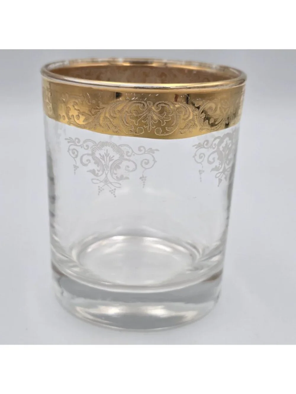 Old Fashioned by Cellini Gold Rim Etched Glass Tumbler With Floral Scroll Design